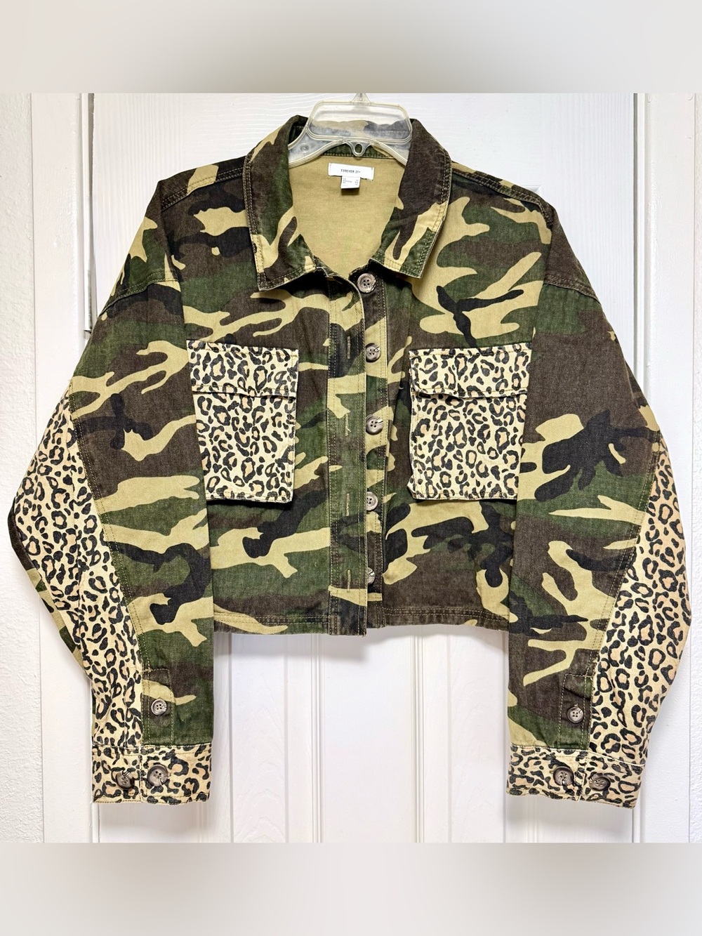 Forever 21 Cropped Camo Jean Jacket with Leopard Panels